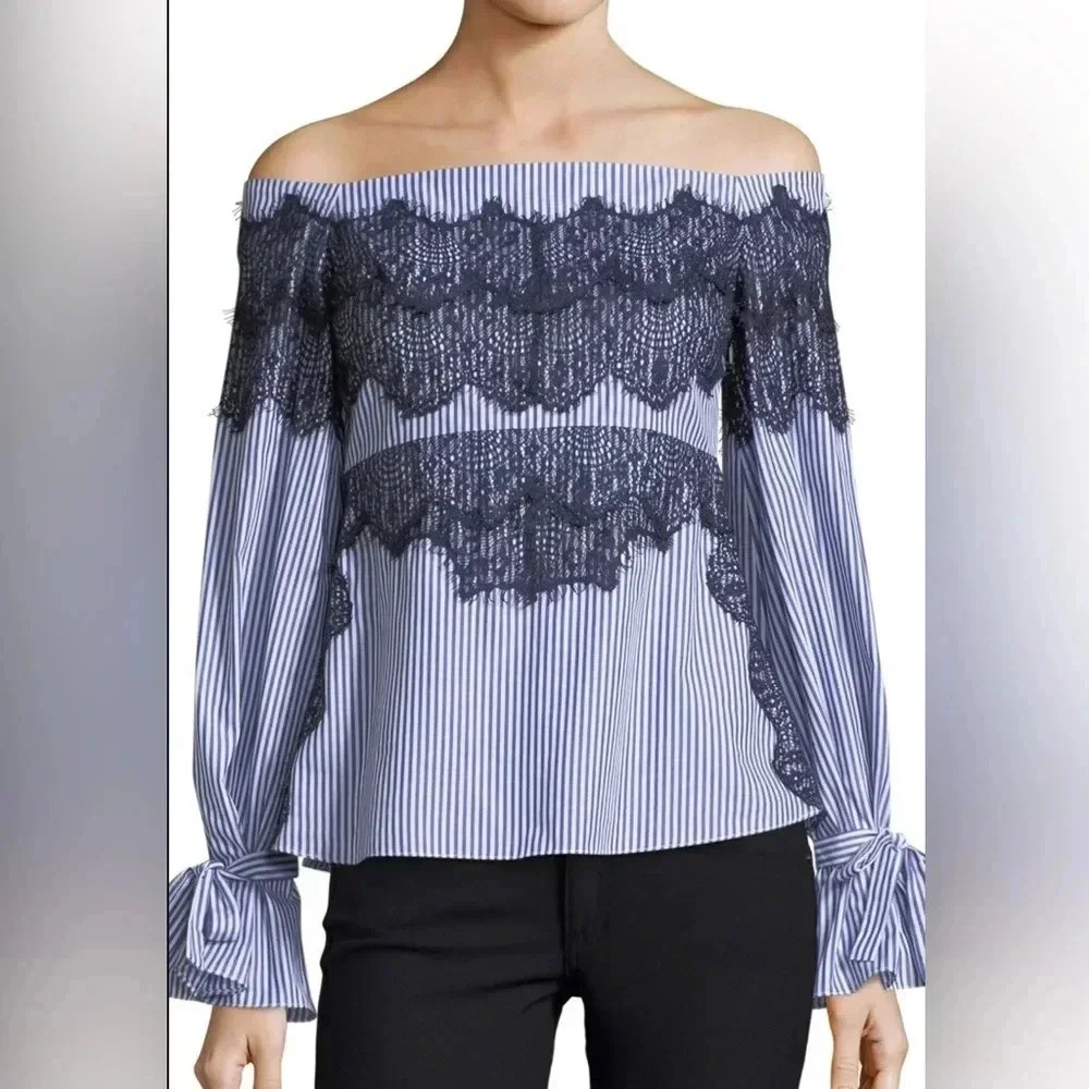 Tanya Taylor Pinstriped Off the Shoulder Lace Isadora Poplin Top